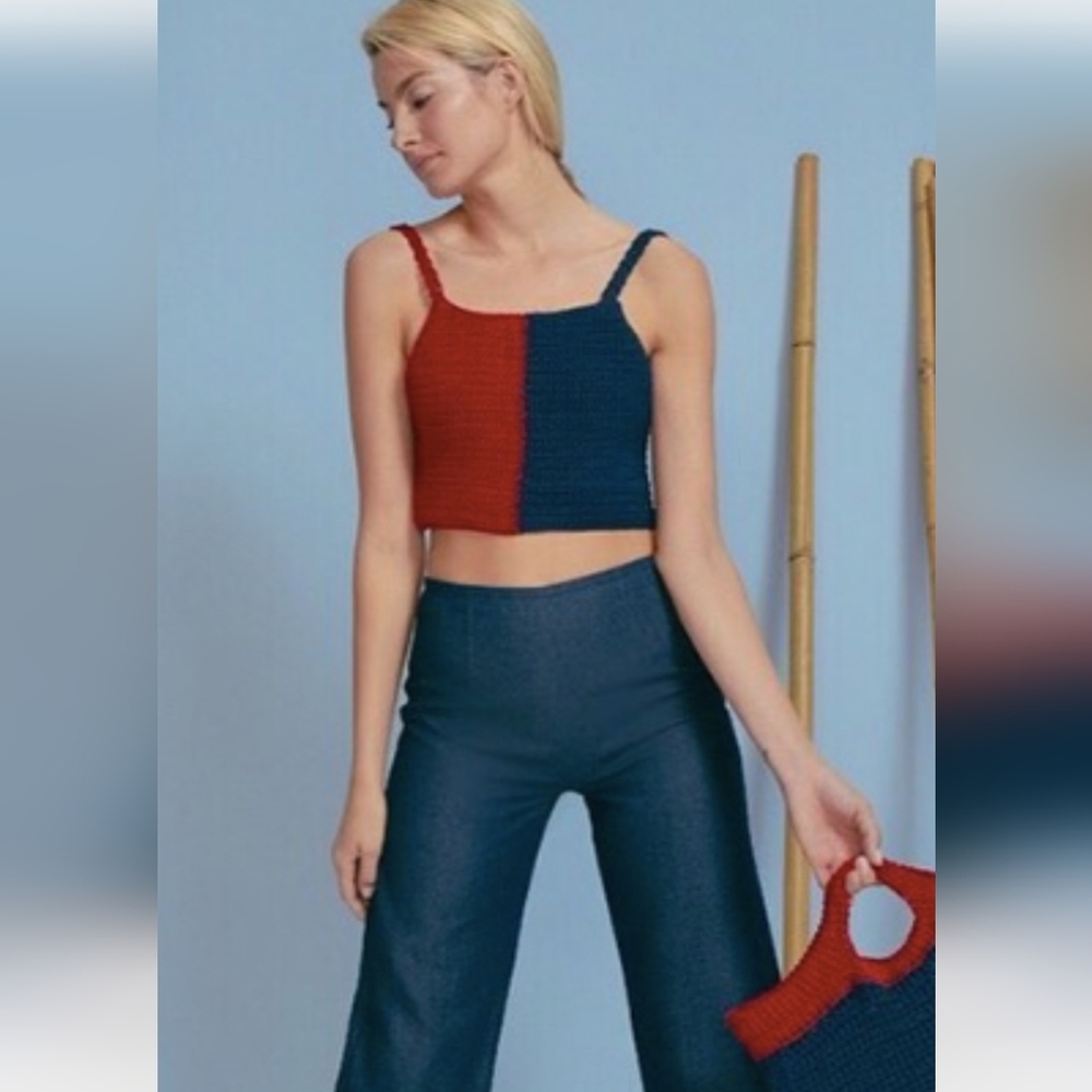 Staud Two-Tone Red and Blue Crochet Top NWOT Small
